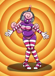 absurdres antenna blush chubby cleavage curly_hair fembot femsub gloves hair_covering_both_eyes happy_trance headphones high_heels latex lipstick long_hair navel nintendo opera_gloves paper_mario paper_mario:_the_thousand_year_door pink_hair purple_skin robotic_trance smile spiral_background supertechno324 swimsuit tech_control thigh_boots transfem transgender_identity vivian