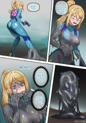  abscord absorption androgynous_dom ass assimilation blonde_hair blue_eyes bodysuit breasts comic corruption crossover dialogue english_text ethereal_(zenless_zone_zero) femsub from_behind gun hypnotic_slime large_breasts long_hair metroid_(series) mole nintendo ponytail possession samus_aran slime speech_bubble text tight_clothing transformation weapon zenless_zone_zero zero_suit 