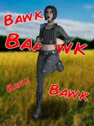  3d black_hair chicken_dance chicken_girl chicken_pose dc_comics female_only femsub fortnite grey_skin multicolored_hair open_mouth purple_lipstick raven saltygauntlet short_hair super_hero teen_titans text 