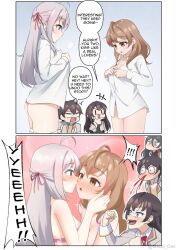 ahoge alisa_mikhailovna_kujou alya_sometimes_hides_her_feelings_in_russian ayano_kimishima blue_eyes blush bra brown_eyes brown_hair clothed comic empty_eyes expressionless femdom femsub hair_ornament humor long_hair maozi_dan maria_mikhailovna_kujou masachika_kuze nosebleed open_mouth panties school_uniform sisters speech_bubble text undressing white_hair yuki_suou yuri