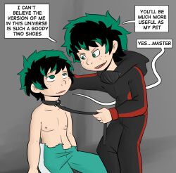 collar dual_persona empty_eyes freckles green_eyes green_hair izuku_midoriya male_only maledom malesub mr.h multiple_persona my_hero_academia open_mouth short_hair smile text topless torn_clothes 