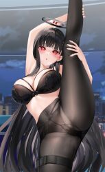  ass black_hair blue_archive blush bra breasts bugmenotencore_(manipper) cameltoe empty_eyes female_only femsub halo heart_eyes large_breasts long_hair manip mvv navel office_lady open_mouth panties pantyhose red_eyes rio_(blue_archive) skirt skirt_lift standing_split suit symbol_in_eyes 