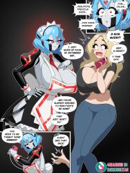  4headboiii 4headboiii_(4headboiii) blonde_hair blue_hair cell_phone comic female_only huge_breasts jeans long_hair maid maid_headdress original robot robot_girl short_hair tagme text 