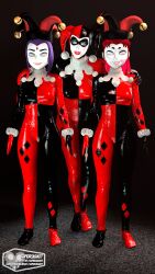 3d absurdres alien alien_girl alternate_costume batman_(series) bodysuit clown clownification corruption dc_comics female_only femdom femsub grey_skin harley_quinn long_hair multiple_girls multiple_subs open_mouth purple_hair raven red_hair source_filmmaker starfire super_hero supercasket teen_titans western whitewash_eyes