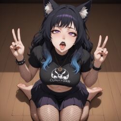 ahegao ai_art barefoot black_hair blue_hair drool empty_eyes expressionless feet femsub fox_ears fox_girl goth kneeling open_mouth sitting skirt