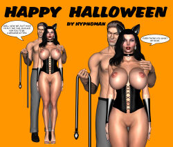  3d black_hair blush breasts cleavage collarbone erect_nipples expressionless fake_animal_ears femsub grey_hair halloween high_heels huge_breasts husband_and_wife hypnoman lola_torres maledom milf orange_eyes original pussy red_lipstick standing standing_at_attention text thick_thighs 