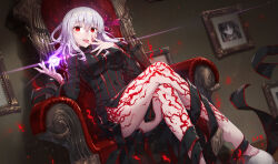  alternate_costume alternate_hair_color angra_mainyu ass aura bare_legs barefoot body_markings breasts chair corruption crossed_legs dark_sakura empty_eyes evil_smile fate/stay_night fate/stay_night_heaven&#039;s_feel fate_(series) femsub glowing hair_ribbon happy_trance itsuyudan large_breasts licking long_hair looking_at_viewer magic orb possession red_eyes ribbon rin_tohsaka sakura_matou sitting smile thighs tongue tongue_out white_hair 