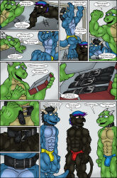  abs black_hair blue_skin bulge cat_boy claws collar comic cyberklaw dragon_boy erection erection_under_clothes exercise flexing furry good_sub_conditioning green_skin happy_trance horns hypnotic_clothing lizard_boy male_only malesub multicolored_hair multiple_boys multiple_subs muscle_boy non-human_feet original panther_boy speedo text topless 