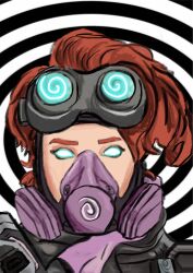  absurdres apex_legends empty_eyes female_only femsub gas_mask glowing_eyes goggles horizon_(apex_legends) hypnotic_accessory hypnotic_gas looking_at_viewer mask red_hair short_hair solo spiral spiral_background 