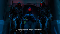 3d alien alien_girl bottomless breasts femsub glowing glowing_eyes gun mask mass_effect nobleseven20 nude pussy quarian red_eyes robot tali&#039;zorah_nar_rayya text topless weapon