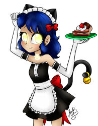  2310maferb absurdres alternate_hairstyle black_hair bow cat_ears earrings femsub glowing glowing_eyes happy_trance hypnotic_accessory jabberwocky_(manipper) jewelry maid maid_headdress manip marinette_dupain-cheng miraculous_ladybug pet_play smile tail tray yellow_eyes 