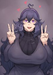  absurdres ahoge black_hair breasts double_v drool female_only femsub glowing glowing_eyes hair_ornament hairband happy_trance hex_maniac huge_breasts looking_at_viewer messy_hair metal_owl nintendo nipples open_mouth pokemon pokemon_x_and_y purple_eyes smile spiral_eyes sweater symbol_in_eyes tongue tongue_out v very_long_hair 