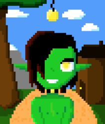 androgynous black_hair coin collar elf_ears exhibitionism green_skin jjmayoboy_(manipper) male_only malesub original pixel_art smile tagme troll yellow_eyes