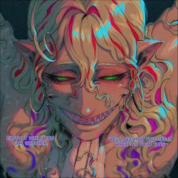 aware blackberreh collar distortion_(the_magnus_archives) green_eyes hypnotic_eyes male_only malesub michael_shelley monster_boy pov_dom sharp_teeth smile the_magnus_archives