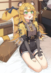 animal_ears bed blush coin confused femsub fingerless_gloves gloves green_eyes guruten3347 happy_trance ju_fufu maledom multicolored_hair open_mouth opera_gloves pendulum ribbon shorts sitting smile spiral_eyes sweat tail tiger_girl wise_(zenless_zone_zero) zenless_zone_zero