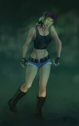 absurdres alien alien_(movie) black_lagoon boogars boots brain_injection drool expressionless face_hugger female_only femsub glowing glowing_eyes green_eyes insect jean_shorts midriff parasite purple_hair revy_(black_lagoon) short_shorts solo sweat tank_top 
