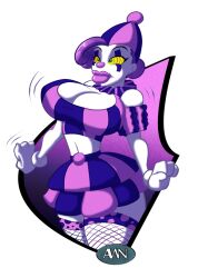 a_witty_name breasts cleavage clown curly_hair fishnets hat kaa_eyes large_breasts original purple_hair short_hair western