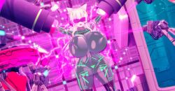  3d animal_ears beam blonde_hair blush bodysuit breasts cat_ears collar corruption custom_maid_3d_2 cyber-sexaroid_(dndniwana3s) electricity female_only femsub glowing green_eyes hair_ornament huge_breasts latex lily_poemer long_hair open_mouth original princess_lushete_(lily_poemer) restrained rubber solo tech_control thick_thighs visor 