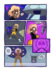  alien bare_legs black_eyes boots bottomless breasts character_request cleavage comic control_indicator copyright_request dark_skin dialogue drool english_text eye_color_change femsub flashlight gun hypnotic_screen large_breasts legs mask night nude outdoors pulpdirector purple_eyes short_hair speech_bubble standing tagme text thighs thought_bubble topless towel ufo visor weapon yellow_eyes 