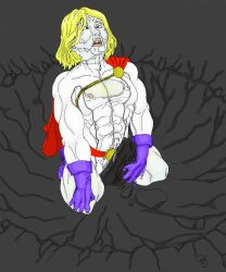 ahegao altered_perception alternate_color_scheme alternate_form bizarro_superman blonde_hair blue_eyes brain_drain bulge cape chest_hair confused dc_comics facial_markings humiliation leg_hair male_only masculinization original pet_play power_girl precum squatting super_hero superman_(series) tight_clothing transformation white_skin