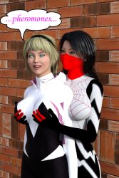 3d black_hair blonde_hair breasts costume dialogue empty_eyes female_only femdom femsub gwen_stacy happy_trance large_breasts marvel_comics pheromones silk_(marvel) spider-gwen super_hero text theheckle