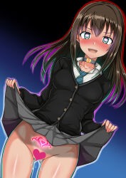  aura blue_background blush bottomless brown_hair choker collarbone crotch_tattoo cyber female_only femsub glowing gradient_background green_eyes happy_trance heart heart_eyes idolmaster_cinderella_girls long_hair looking_at_viewer love pussy_juice rin_shibuya school_uniform simple_background skirt skirt_lift solo symbol_in_eyes tattoo tech_control tie 