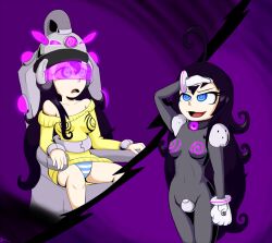 alternate_costume before_and_after black_hair blue_eyes bondage chair curly_hair dr._chaos drool femsub hypno-tan long_hair open_mouth original panties saluting sitting spiral_eyes spread_legs sweater symbol_in_eyes tech_control underwear visor