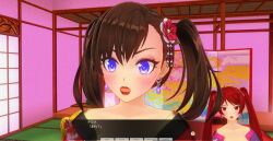 3d blue_eyes blush brown_hair dialogue female_only kamen_writer_mc mc_trap_town multiple_girls red_hair rina_(mc_trap_town) screenshot surprised text translated twintails