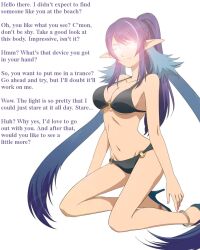 bikini breasts elf_ears female_only femsub glowing glowing_eyes happy_trance high_heels icontrol_(manipper) judith_(tales) kneeling large_breasts long_hair manip navel ponytail purple_hair swimsuit tales_of_(series) tales_of_vesperia tech_control text twintails white_background