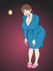  bangs brown_hair cleavage clothed collarbone femsub happy_trance huge_breasts jacket katsiika milf mom_(jinsuke) mom_is_my_doll open_mouth pendulum simple_background skirt slippers smile spiral_eyes standing suit 