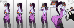 absurdres black--wave blue_skin breasts comic dark_skin dazed femsub happy_trance humiliation humor hypnotic_accessory large_breasts long_hair makeup multicolored_hair open_mouth overwatch ponytail purple_hair reaper shrunken_irises sombra_(overwatch) spiral_eyes symbol_in_eyes tech_control text tracer visor widowmaker