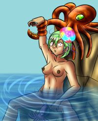  bestiality bottomless breasts cephalopod dark_skin dead_source erect_nipples expressionless femsub green_hair hypnogoat666 improvised_dildo jellyfish multicolored_eyes nipples nude octopus open_mouth original parasite pussy sex short_hair squid tentacles topless vaginal 