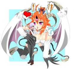 absurdres ahoge black_eyes blue_background blush border breasts cleavage clothed confused demon demon_girl eldritch fate/grand_order fate_(series) femsub glasses hair_covering_one_eye halloween heart horns hypnotized_dom japanese_text kneeling large_breasts long_hair mashu_kyrielight orange_hair pink_hair possession pumpkin ritsuka_fujimaru_(female) short_hair shub-niggurath simple_background sitting speech_bubble spiralwash_eyes standing sweat syoumutyu tail text third_eye tongue tongue_out translation_request wings yuri