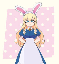 arms_behind_back blonde_hair bow_tie bunny_ears dress eyebrows_visible_through_hair female_only femdom long_hair long_skirt looking_at_viewer maid_headdress pov pov_sub rakuma-imp smile solo