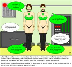 alternate_costume brown_hair claire_redfield dialogue empty_eyes femsub jill_valentine large_breasts multiple_girls multiple_subs nabs001 p30 resident_evil text