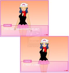  before_and_after blue_hair dawn dialogue empty_eyes expressionless female_only femsub hat jimryu long_hair nintendo pokemon pokemon_(anime) solo standing standing_at_attention text 