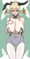  bare_shoulders blonde_hair blue_eyes blush breasts breath bunny_ears bunny_girl bunnysuit carrot cleavage cuffs fake_animal_ears female_only femsub genshin_impact heart heart_eyes huge_breasts jean_gunnhildr navel open_mouth panting pendulum ponytail skyhood solo standing symbol_in_eyes tongue 