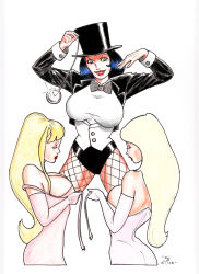 absurdres black_hair blonde_hair bow_tie breasts cleavage closed_eyes dc_comics female_only femdom femsub fishnets gloves hat large_breasts long_hair magician multiple_girls multiple_subs open_clothes open_mouth opera_gloves pendulum pocket_watch simple_background sleeping stvkar super_hero traditional undressing western white_hair zatanna_zatara