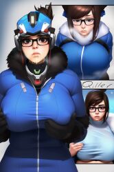  ai_art breasts brown_hair comic drool empty_eyes expressionless femsub glasses groping hair_buns helmet large_breasts mei_(overwatch) novelai_(ai) overwatch qiller snow sweat tech_control 