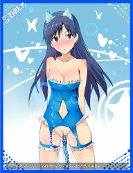  altered_common_sense bare_shoulders black_eyes blush censored chihaya_kisaragi cleavage collarbone drool expressionless female_only femsub long_hair nyuu_(manekin-eko) open_mouth prostitution purple_hair pussy solo standing text the_idolm@ster thighs translated 
