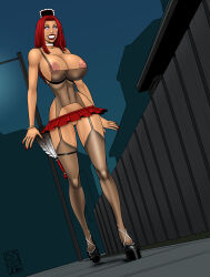 breasts choker clothed_exposure deuce drool erect_nipples exhibitionism feather_duster garter_straps happy_trance high_heels huge_breasts humiliation long_hair maid original red_hair see-through spiral_eyes story symbol_in_eyes