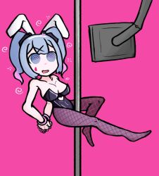 arms_behind_back bare_shoulders blue_eyes blue_hair breasts bunny_ears bunny_girl bunnysuit cleavage collarbone cuffs drool fake_animal_ears feet female_only femsub hair_ornament hair_ribbon happy_trance hypnotic_screen miku_hatsune multicolored_hair open_mouth pantyhose pink_background pole_dancing rabbit_hole_(vocaloid) ribbon simple_background skecchyartist solo spiral spiral_eyes twintails vocaloid