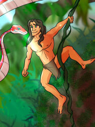 barefoot brown_hair coils disney dreadlocks feet happy_trance kaa_eyes long_hair malesub manvillageart navel snake tarzan tarzan_(movie)