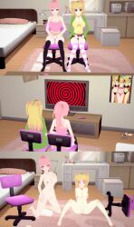  3d absurdres before_and_after blonde_hair blush bottomless breasts cleavage crush_crush crystal_(zko) female_only femsub game_controller hypnotic_screen kneeling koikatsu! large_breasts long_hair mio_(crush_crush) multicolored_hair multiple_girls multiple_subs nipples nude open_mouth original pink_hair ponytail pussy spiral spiral_eyes symbol_in_eyes tech_control thighhighs topless tr4pd00r twintails video_game 