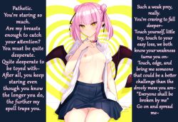  animated animated_gif bare_breasts bare_legs breasts caption demon_girl edging elf_ears female_only femdom hypnotic_breasts kitsunami_(manipper) manip monster_girl nipples pink_hair pov pov_sub school_uniform skirt small_breasts succubus text upskirt 