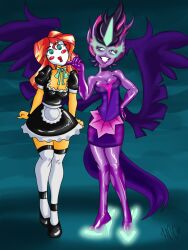  bastianmage blonde_hair choker cleavage corruption dollification empty_eyes equestria_girls female_only femdom femsub green_eyes horns latex long_hair madpuffins magic maid multicolored_hair my_little_pony open_mouth pink_hair purple_hair purple_skin red_hair sunset_shimmer thighhighs twilight_sparkle western wings 