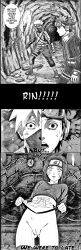 ai_art apron bottomless comic dazed femsub headband joebruh814_(generator) kakashi_hatake naruto_(series) obito_uchiha pendulum pussy rin_nohara skirt skirt_lift text thighhighs thighs