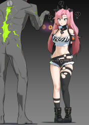 absurdres boots clothed collarbone earrings eyebrows_visible_through_hair femsub fishnets gradient_background green_eyes hair_ornament hair_ribbon heart jewelry kkik long_hair maledom nicole_demara nude pink_hair ribbon short_shorts shorts simple_background standing thigh_gap thighhighs torn_clothes tube_top twintails zenless_zone_zero