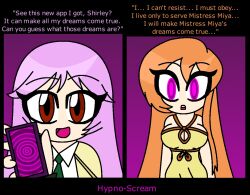 brown_eyes code_geass dazed dialogue female_only femdom femsub glowing_eyes hypnoscream hypnotic_app long_hair miya_hillmick open_mouth orange_hair phone pink_eyes pink_hair shirley_fenette text