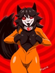 black_hair black_sclera black_skin bodysuit breasts clothed_exposure collar collarbone dog_girl drool femsub furry glowing_eyes happy_trance hypnotic_accessory large_breasts long_hair looking_at_viewer monster_girl open_mouth ring_eyes scp-1471 scp_foundation smile spiral_background standing swirlytanuki tech_control thick_thighs tongue tongue_out undressing wide_hips